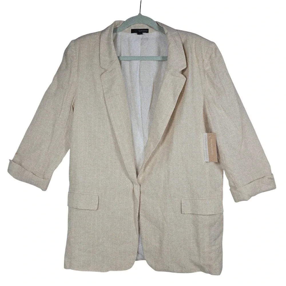 Harve Benard‎ Linen Blend Pinstripe Blazer Womens 16 Beige 3/4 Sleeve Open Front